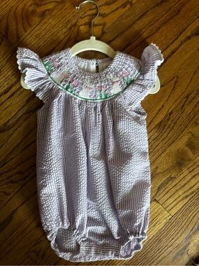 Lavender Seersucker Smocked Baby One-Piece Easter